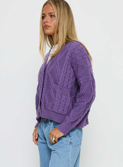 side view of model wearing Princess Polly Dillian Cable Knit Cardigan Purple Cropped 