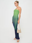 side view of model wearing Princess Polly Stolen Love Strapless Maxi Dress Blue / Green Ombre Petite Straight Neck 