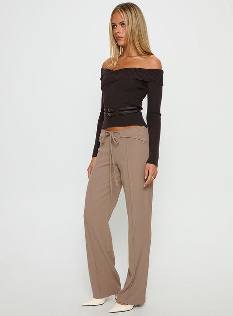 side view of model wearing Princess Polly Narratives Wrap Tie Trouser Pant Taupe Mid Rise Pants 