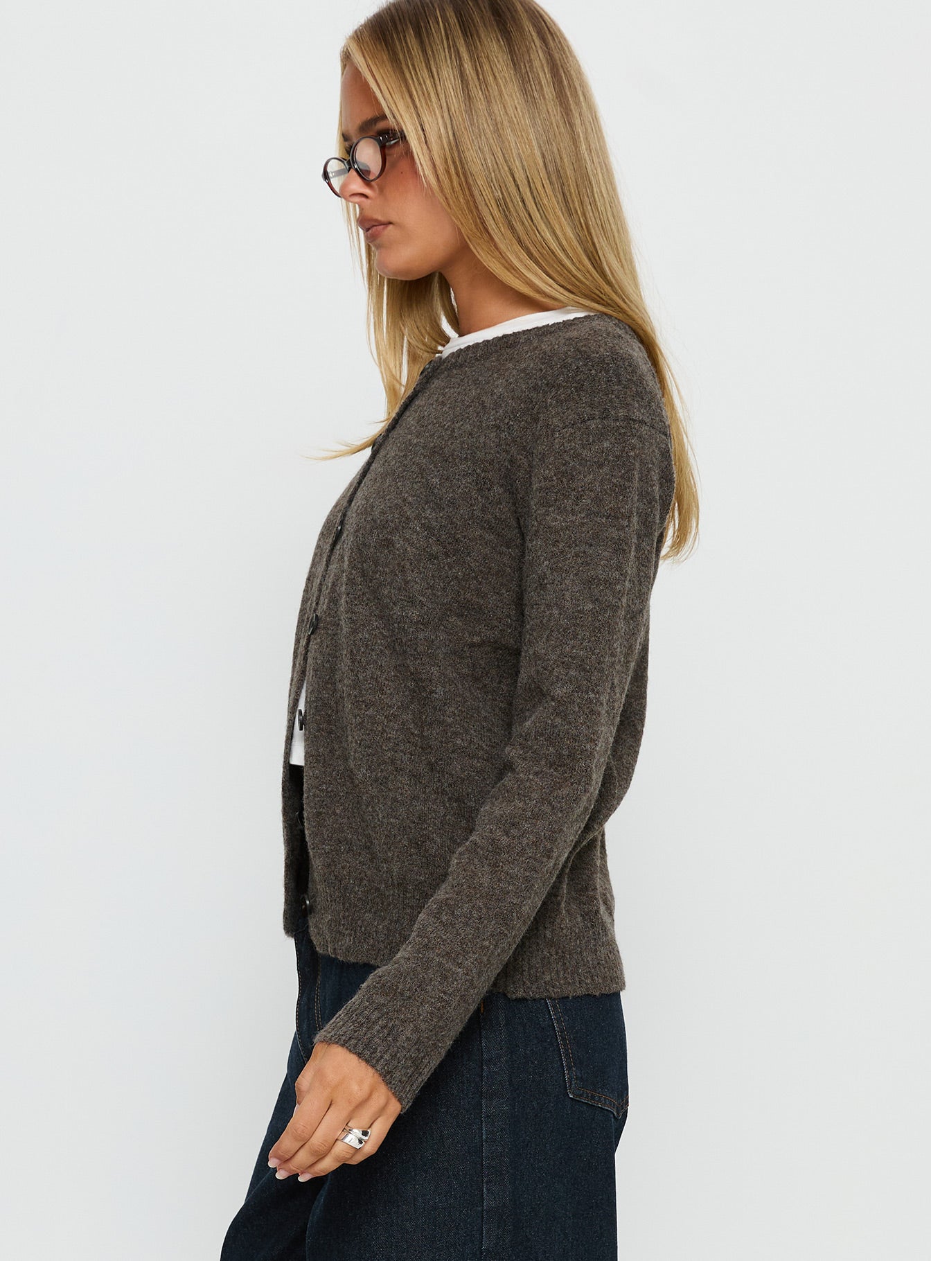 side view of model wearing Princess Polly Better Than Fiction Cardigan Mocha Cropped Jumpers 