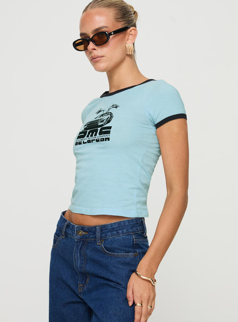 side view of model wearing Princess Polly Delorean Tee Blue Short Sleeves Crew Neck 