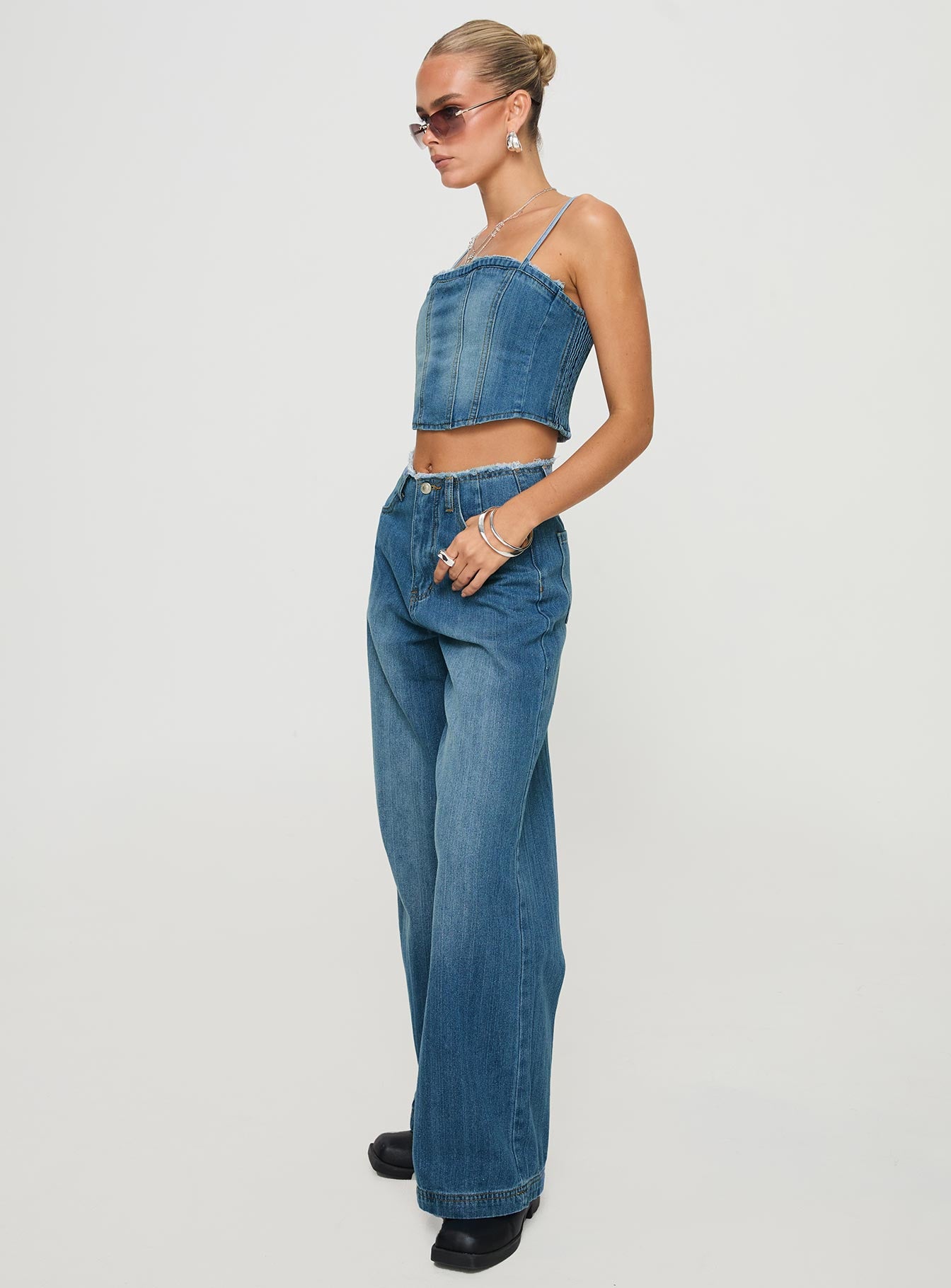 side view of model wearing Princess Polly Vihaan Wide Leg Pants Blue Wash High Waisted Pants 