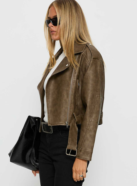 Talisha Faux Leather Biker Jacket Brown