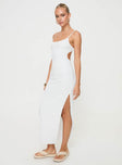 side view of model wearing Princess Polly Elestria Maxi Dress White Scoop Neck 