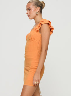side view of model wearing Princess Polly Leto Mini Dress Orange Scoop Neck 