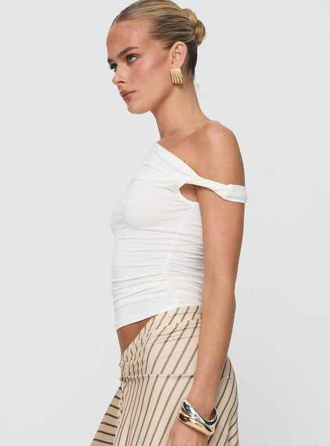 side view of model wearing Princess Polly Fabre Top White Short Sleeves Asymmetric Neckline 