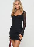 side view of model wearing Princess Polly Colline Long Sleeve Mini Dress Black Sweetheart Neckline 