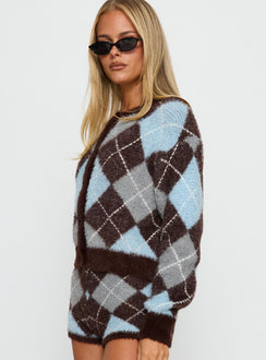 side view of model wearing Princess Polly Kenlea Button Up Cardigan Blue Argyle Cropped Jumpers 