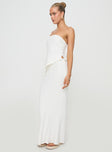   side view of model wearing Princess Polly Mercer Linen Blend Maxi Skirt White Maxi 