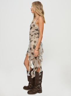 side view of model wearing Princess Polly Marshy Mini Dress Brown V-Neck 