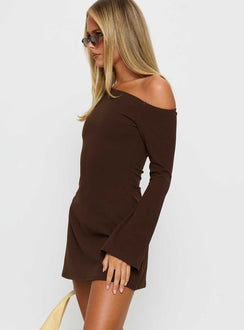 Adrietta Long Sleeve Off Shoulder Knit Mini Dress Brown