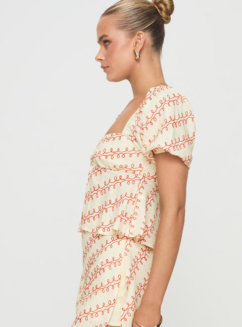 side view of model wearing Princess Polly Passionfruit Linen Blend Top Multi Short Sleeves Square Neck 