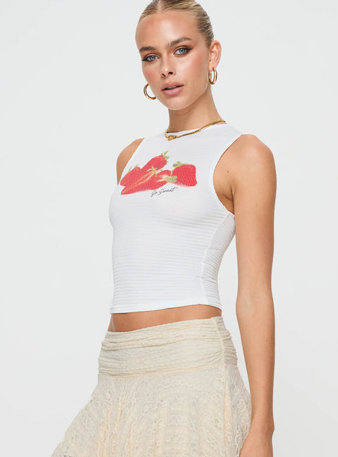 side view of model wearing Princess Polly Oh So Sweet Top White Sleeveless Crew Neck 