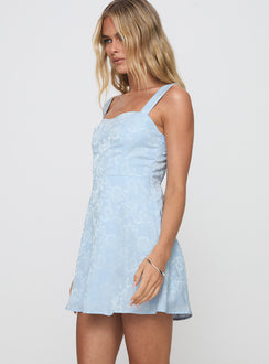 side view of model wearing Princess Polly Mortes Mini Dress Blue Sweetheart Neckline 