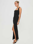 side view of model wearing Princess Polly Bombshell Maxi Dress Black Petite Square Neck 