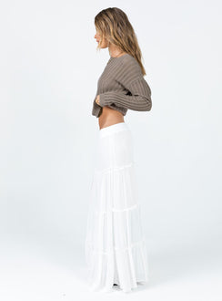   side view of model wearing Princess Polly Miriah Maxi Skirt White Petite Maxi 