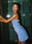 back view of model wearing Princess Polly Caprina Sequin Mini Dress Light Blue Straight Neck 