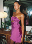 side view of model wearing Princess Polly Faviola Mini Dress Purple Sweetheart Neckline 