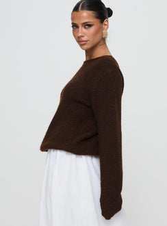 side view of model wearing Princess Polly Abrams Rib Knit Crew Sweater Chocolate Marle Longline Jumpers 