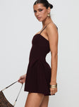 side view of model wearing Princess Polly Abdul Mini Dress Wine Sweetheart Neckline 