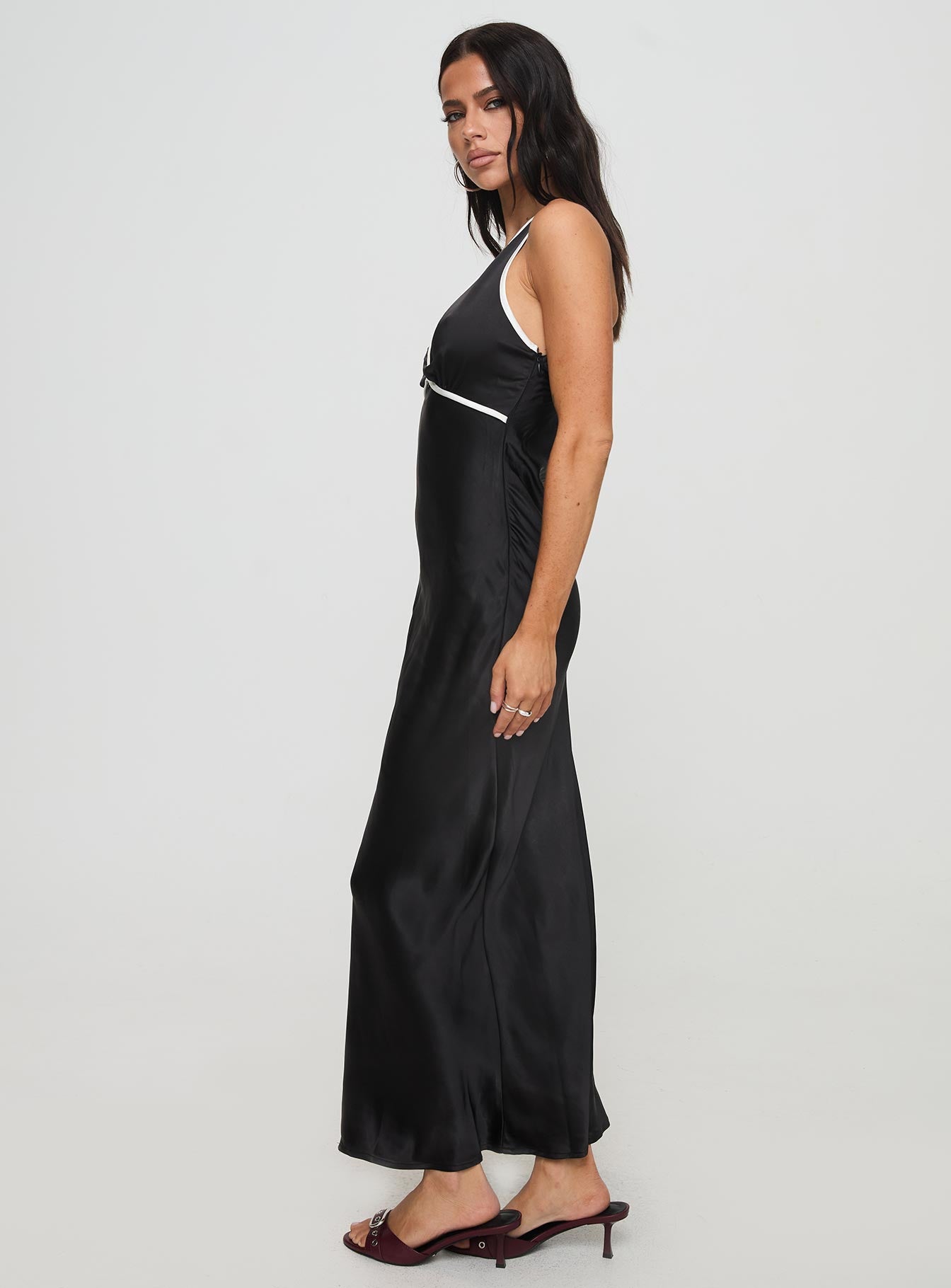 side view of model wearing Princess Polly Thandi Maxi Dress Black Plunger 