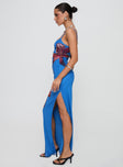 side view of model wearing Princess Polly Bespoke Maxi Dress Blue Square Neck 