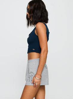 side view of model wearing Princess Polly UC San Diego Soffee Short Heather Grey High Waisted Shorts 