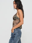 side view of model wearing Princess Polly Fast Times Top Leopard Sleeveless Plunger 