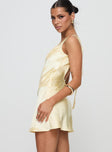 side view of model wearing Princess Polly Kingslie Low Back Mini Dress Baby Yellow Petite V-Neck 