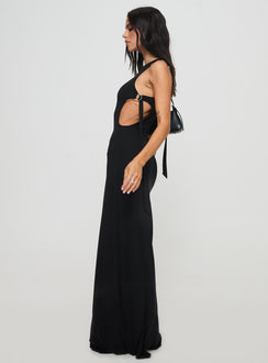 side view of model wearing Princess Polly Trail Blazer Asymmetrical Maxi Dress Black Asymmetric Neckline 