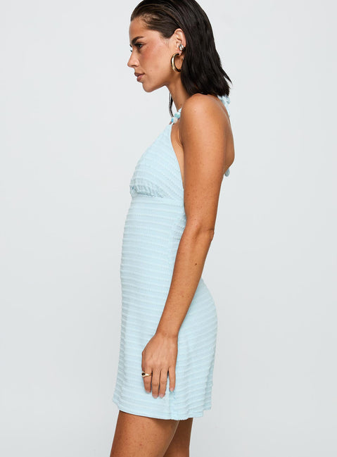 side view of model wearing Princess Polly Selkie Beaded Mini Dress Blue Plunger 