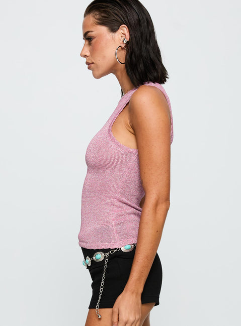 side view of model wearing Princess Polly No Pretending Top Pink Glitter Sleeveless Crew Neck 