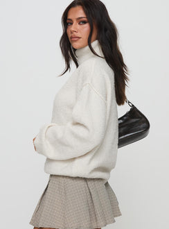side view of model wearing Princess Polly Finnien Boucle Turtleneck Sweater Cream Long 