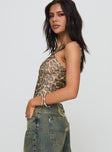 side view of model wearing Princess Polly Serenata Bodysuit Leopard Sleeveless High Neck 