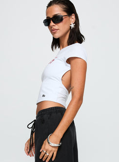 side view of model wearing Princess Polly SDSU Comeback Top White Short Sleeves Crew Neck 