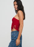 side view of model wearing Princess Polly Machiatto One Shoulder Top Red Sleeveless Asymmetric Neckline 