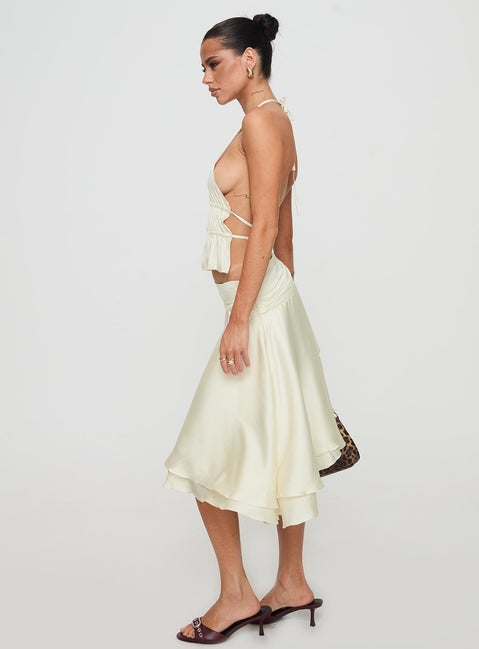   side view of model wearing Princess Polly Legacy Midi Skirt Ivory Midi Skirts 
