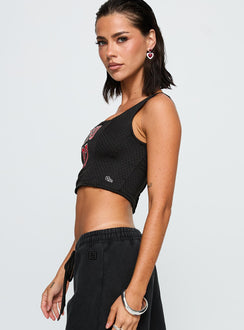 side view of model wearing Princess Polly SDSU Jersey Corset Top Black Sleeveless Square Neck 