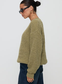 side view of model wearing Princess Polly South End Knit Sweater Khaki Long 