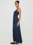 side view of model wearing Princess Polly Vaugn Maxi Dress Navy Sweetheart Neckline 