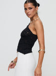 side view of model wearing Princess Polly Sensua One Shoulder Top Black Sleeveless Asymmetric Neckline 