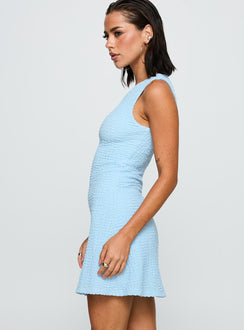 side view of model wearing Princess Polly Corallie Textured Mini Dress Blue Crew Neck 