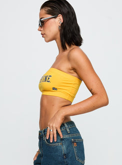 side view of model wearing Princess Polly UC Irvine Bandeau Top Gold Sleeveless straight 