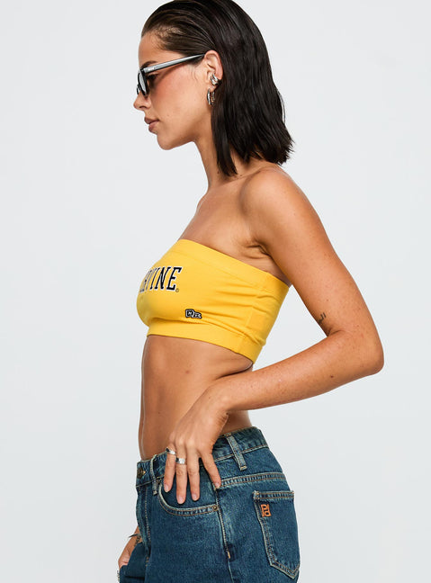side view of model wearing Princess Polly UC Irvine Bandeau Top Gold Sleeveless straight 