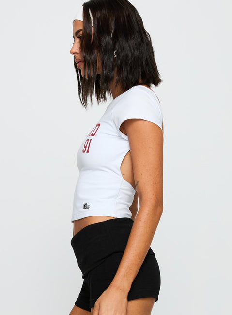 side view of model wearing Princess Polly Stanford Comeback Top White Short Sleeves Crew Neck 