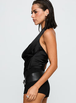 back view of model wearing Princess Polly Cash Or Credit Cowl Neck Top Black Sleeveless Cowl 