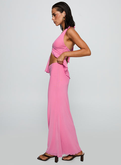   side view of model wearing Princess Polly De Angelo Maxi Skirt Pink Maxi 