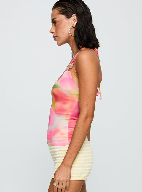 side view of model wearing Princess Polly Brennin Bead Detail Top Multi Floral Sleeveless Scoop Neck 