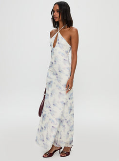 side view of model wearing Princess Polly Walk On Water Halter Maxi Dress White Plunger 