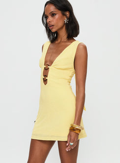 side view of model wearing Princess Polly Steward Mini Dress Lemon Plunger 